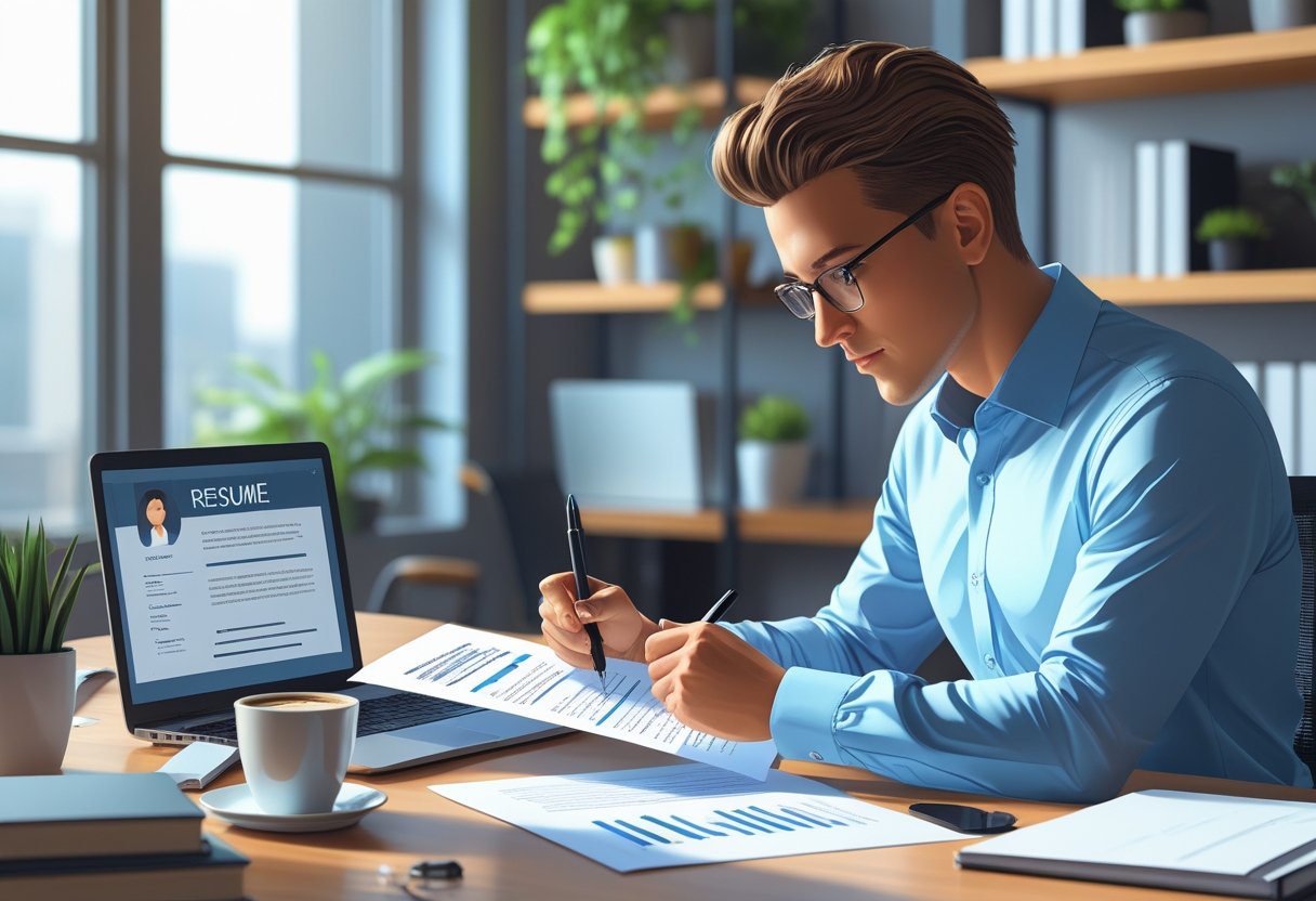 Person sitting at a desk reviewing and editing a resume with a pen, surrounded by a laptop, coffee cup, and office supplies in a calm workspace.