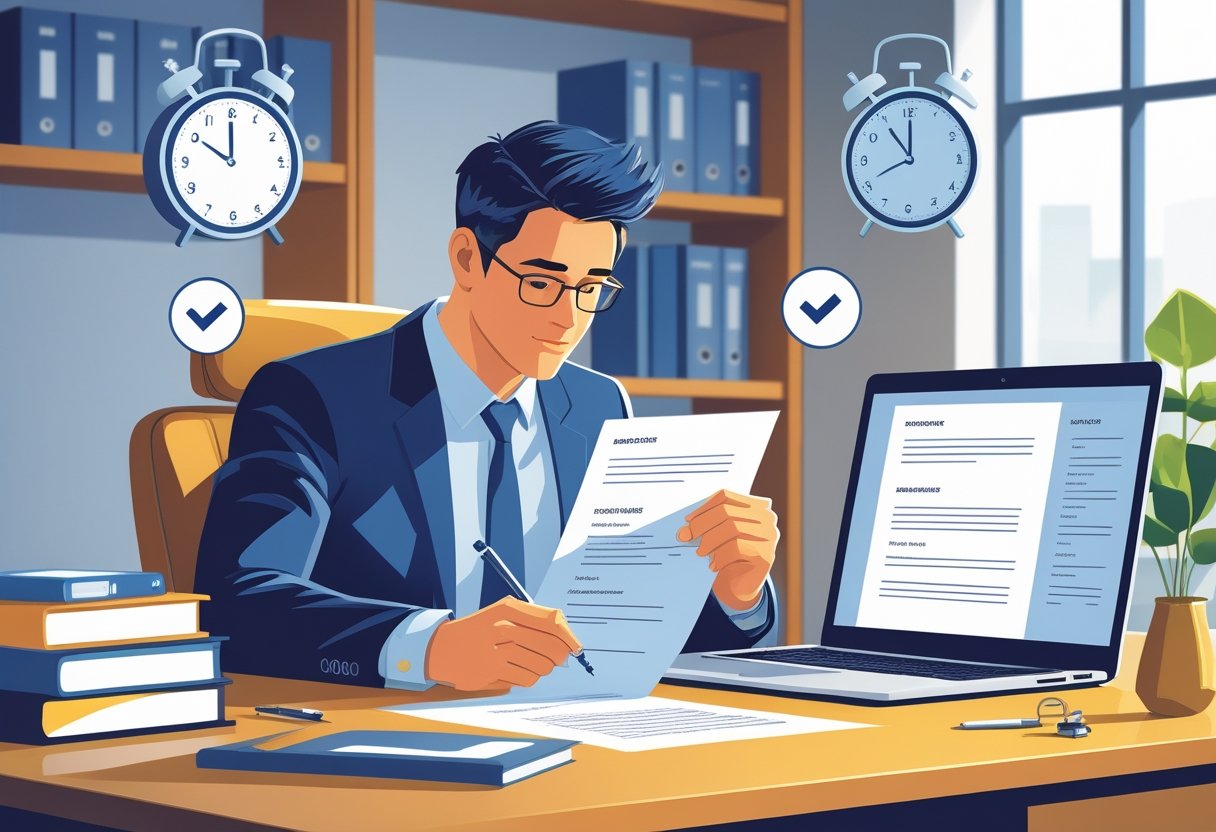 A person sitting at a desk reviewing a resume with a pen, surrounded by symbols representing past and present tense, in a tidy office setting.