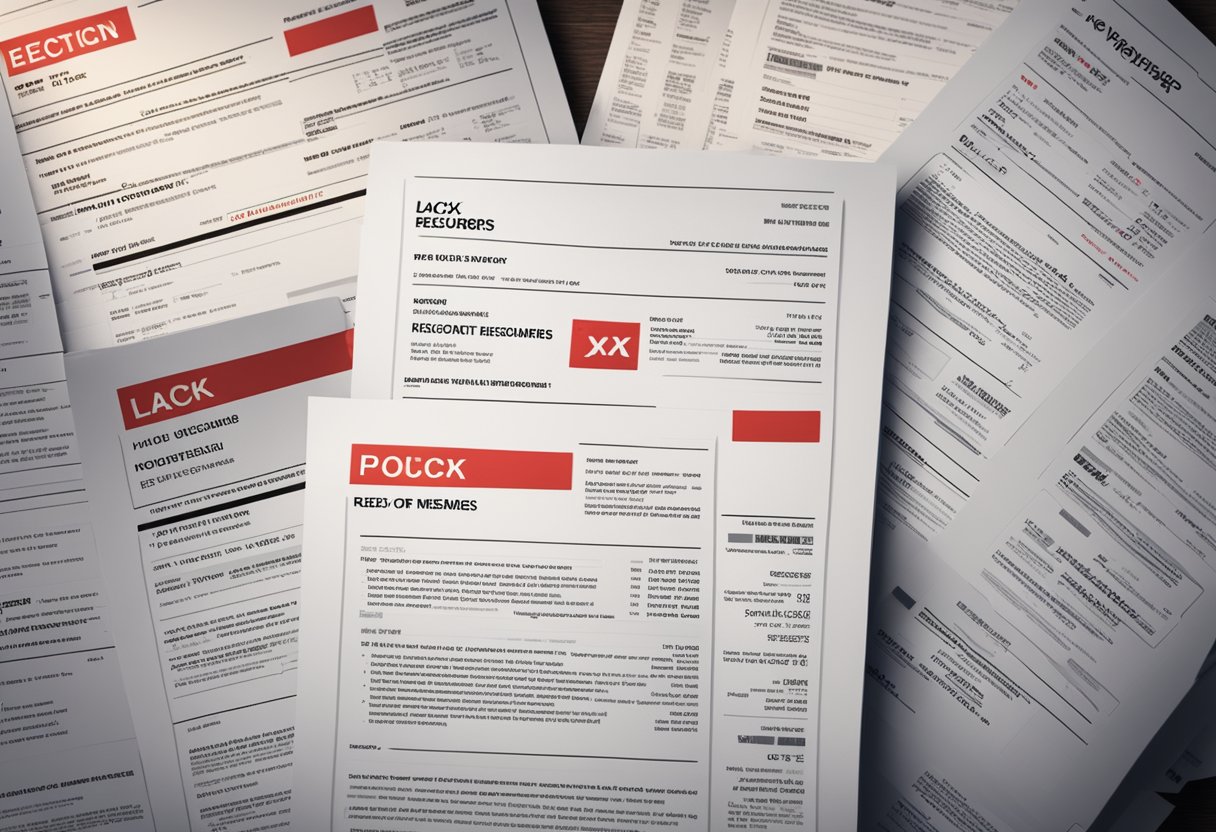 A stack of rejected resumes with a red "X" stamp on them, surrounded by a computer screen showing "Lack of Relevant Keywords" error message