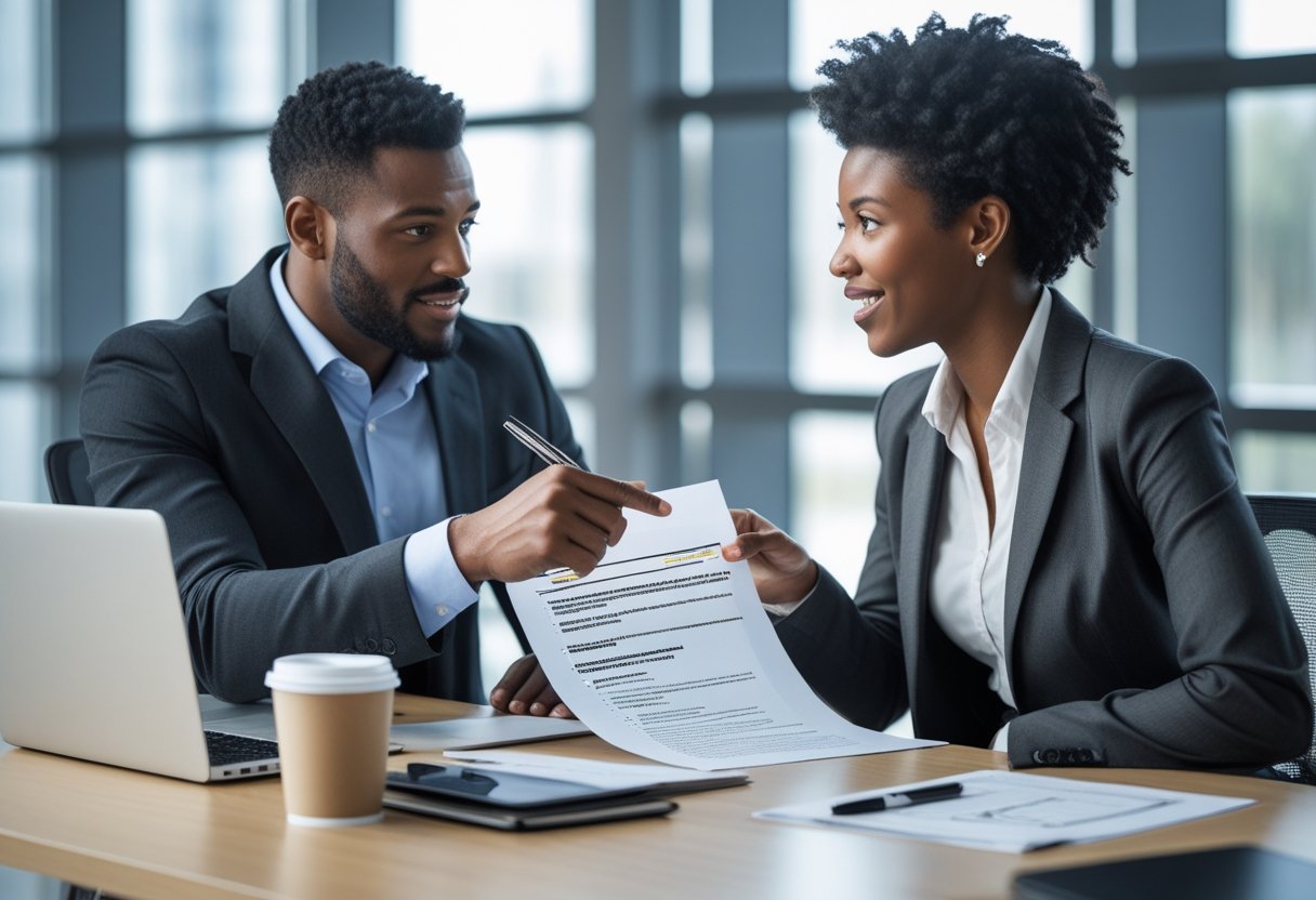 A career consultant and a job seeker discussing a resume across a desk in a bright office.