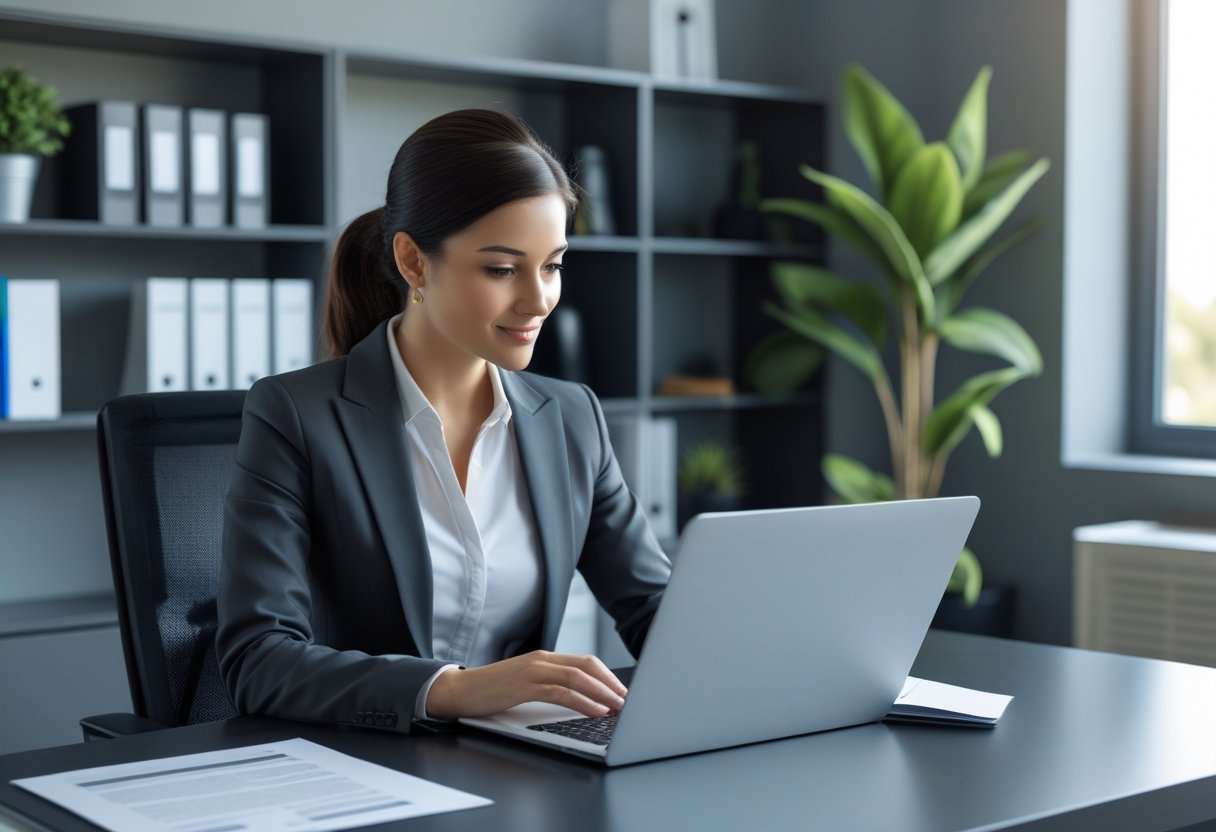 A professional resume writer and a client sitting across a desk in an office, discussing a resume document.