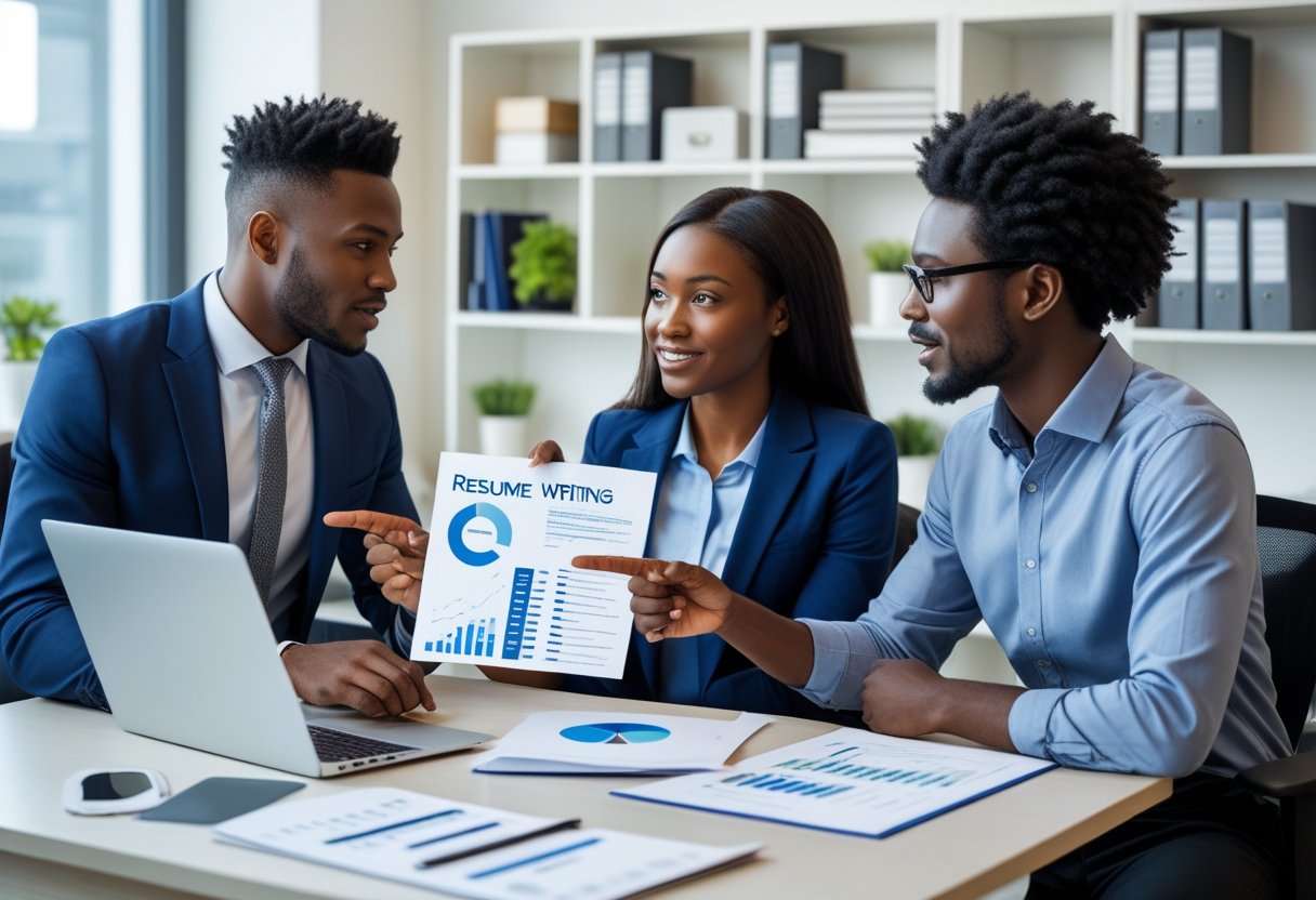 Three people in an office discussing resumes with a laptop, printed documents, and a tablet showing comparison charts.